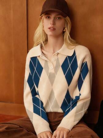 Écloséra Fransk retro lös polokrage långärmad stickad färgblocksmönster med diamantmönster och halvknappsdesign i kakifärgad damtröja, höst/vinter