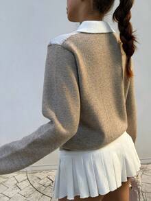 Pariaura Women's Basic Minimalist Plaid Collar Fashionable Simple Korean Style Sweater, Autumn/Winter Pullover For Women Sweaters For Women  Brown Sweater Jumper For Woman Button Up Sweater - Camel - View 2