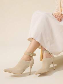CUCCOO BASICS Apricot Pointed Toe Knit Ankle Strap Stiletto Heel Ankle Boots And Bootie, Sexy For Date, Party, Fashion Boots For Christmas - Apricot - View 10