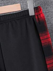 SHEIN Vacaura 2 件套大男孩休闲格子拼布连帽运动衫和抽绳运动裤套装，春/秋/冬 - 紅色 - 查看 3