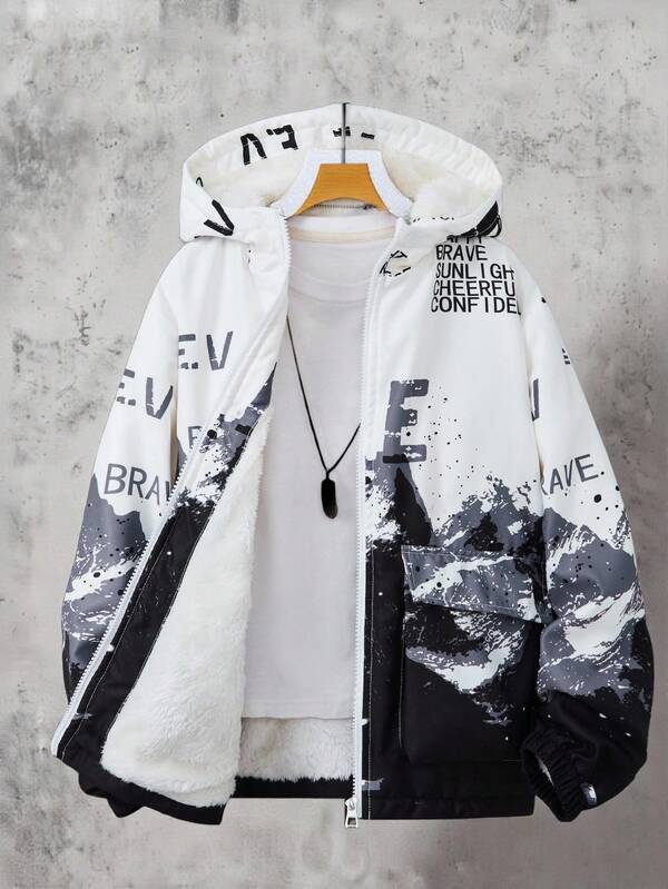 Teen Boys Casual Fashion Black White Gray Snowflake Letter Digital Print Hooded Thermal Lined Jacket, Loose Fit, Comfortable, Versatile, Suitable For Autumn, Spring, Winter, Daily Wear, Commuting, Outdoor, Sports, School, Streetwear, Party, Photography