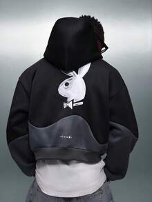 PLAYBOY X SUMWON Sudadera con capucha oversize de bloque de color con diseño de panel de contraste, patrón de remolino, bolsillo central, cordón de capucha, casual, estilo urbano y callejero - Multicolor - Ver 4