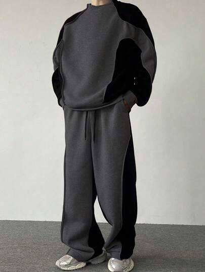 Claim Dot 男士拼色圆领长袖休闲运动衫和运动裤宽松套装，秋季，男士两件套，男士两件套运动裤，男士运动服，男士两件套春秋季 18 25 63 77，舒适服装