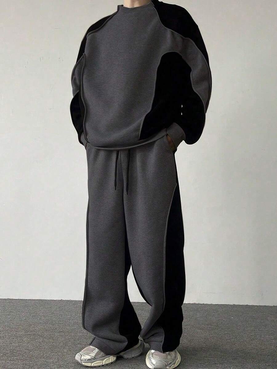 Claim Dot 男士拼色圆领长袖休闲运动衫和运动裤宽松套装，秋季，男士两件套，男士两件套运动裤，男士运动服，男士两件套春秋季 18 25 63 77，舒适服装 - 深灰色 - 查看 1