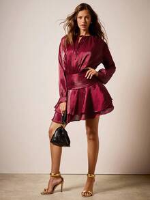 COSMINA Christmas Dress Women's Solid Color Tie Collar Long Sleeve Double Ruffle Hem Elegant Short Dress, Burgundy Dress - Burgundy - View 4