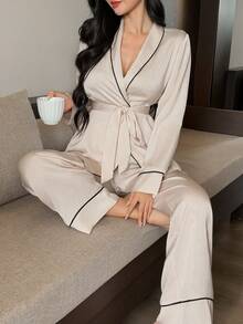 DAZY Women's Simple Contrast Trim Pajama Set, Autumn/Winter - Apricot - View 1
