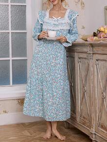 CottageSlumber French Countryside Romantic Ruffle Ditsy Floral Women Nightgown Sleepwear Pajamas Dress, Fall & Winter - Multicolor - View 4