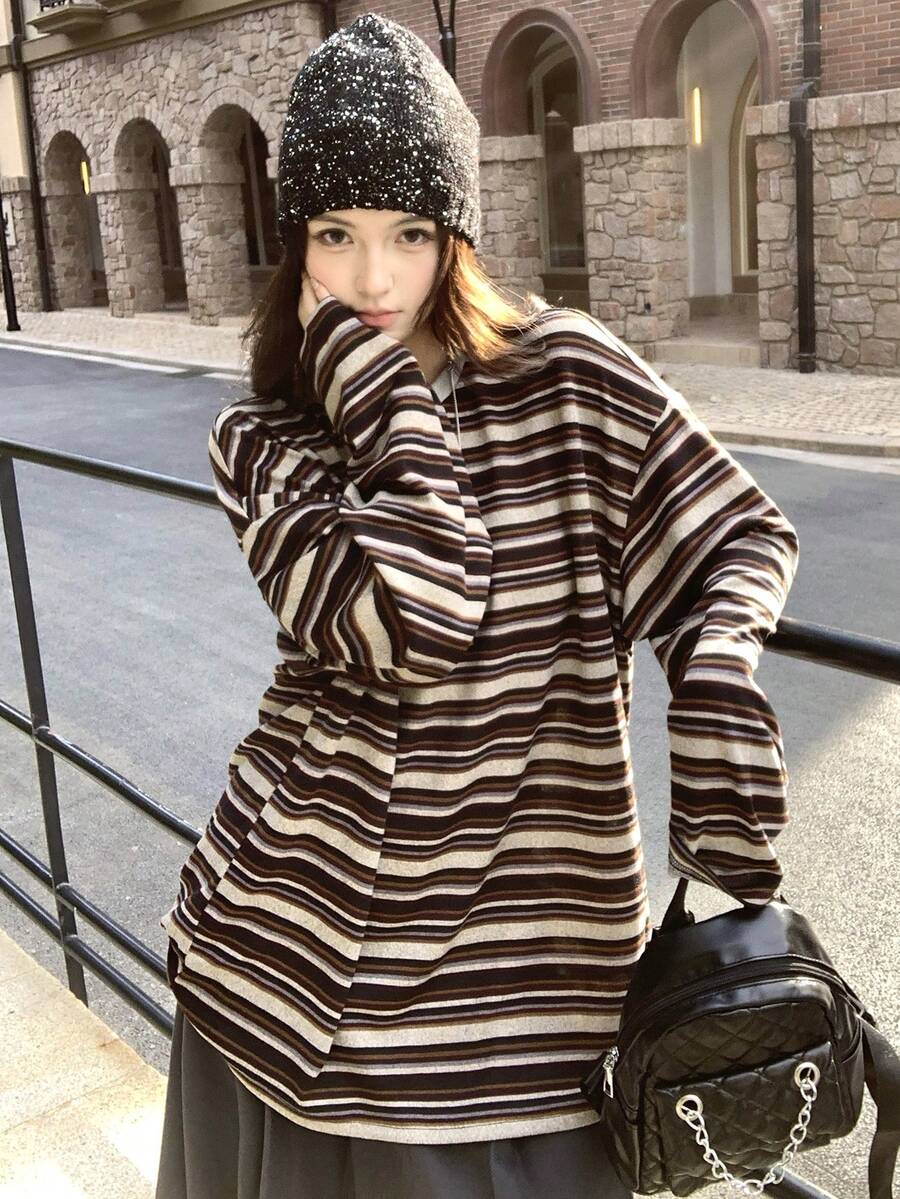 DAZY Women/Girls Casual Striped Round Neck Long Sleeve T-Shirt, Korean Style - Grey - View 1