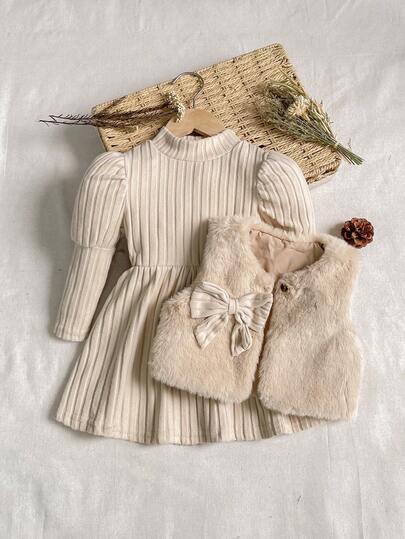 SHEIN 2pcs Baby Girls Dress + Plush Vest Cute Elegant Set, High Collar Long Sleeve Ruched Ribbed Thermal Lined Lantern Sleeve Dress Paired With Warm Plush Vest Jacket, Retro Casual Versatile Korean Style With Bow Design, Suitable For Daily Outings, Birthday, Holiday Party In Autumn/Winter