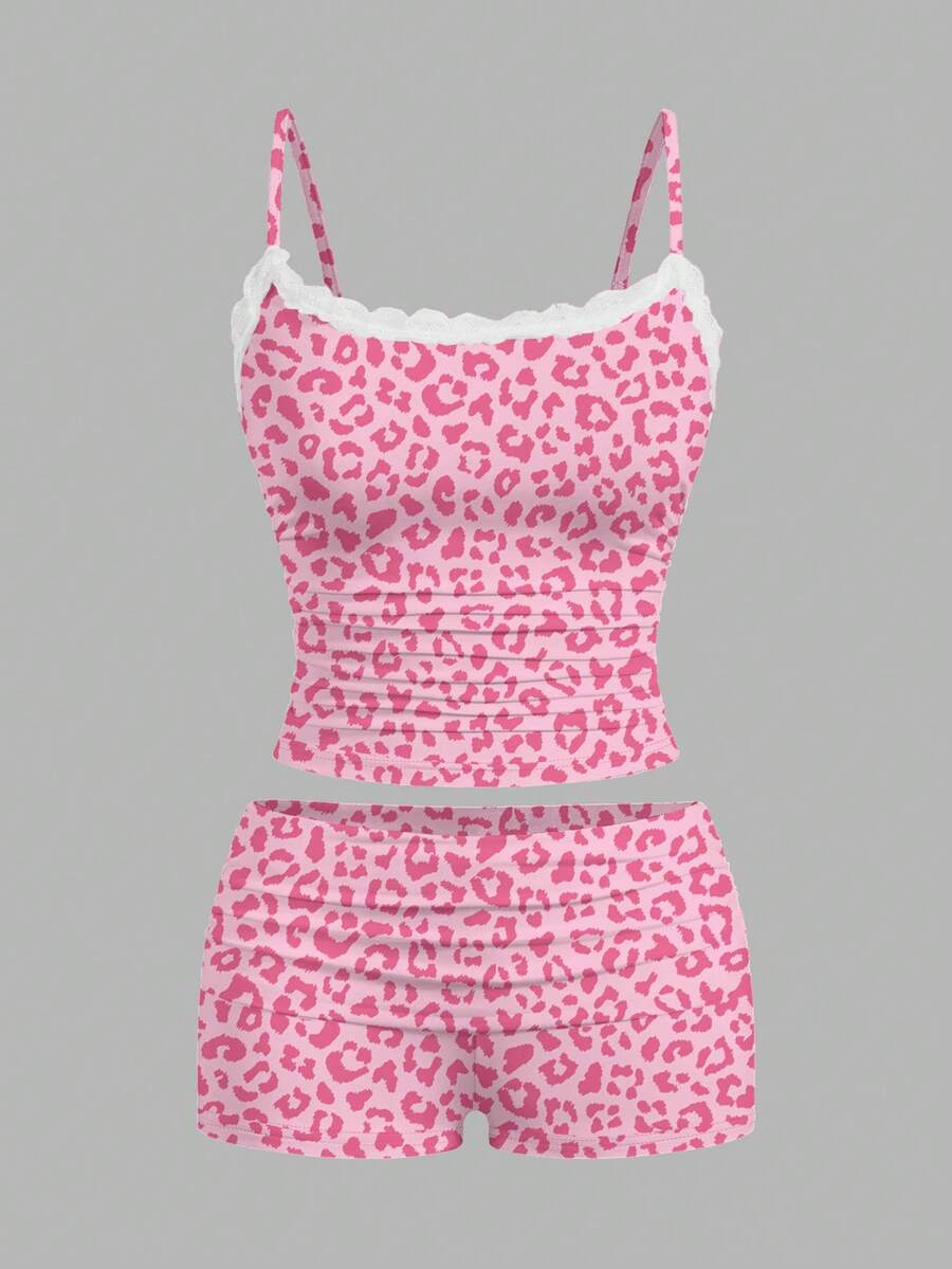 SHEIN Essnce 2pcs Lace Camisole & Ruched Leopard Print Shorts Set For Women, Suitable Summer, Street Style, Outgoing, Back To School, Y2K, Chic, Airport, Home Wear - Multicolor - View 1