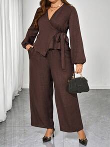 EMERY ROSE Ensemble 2 pièces chemise et pantalon de couleur unie élégante et pratique pour le travail, grande taille - Marron - Voir 9