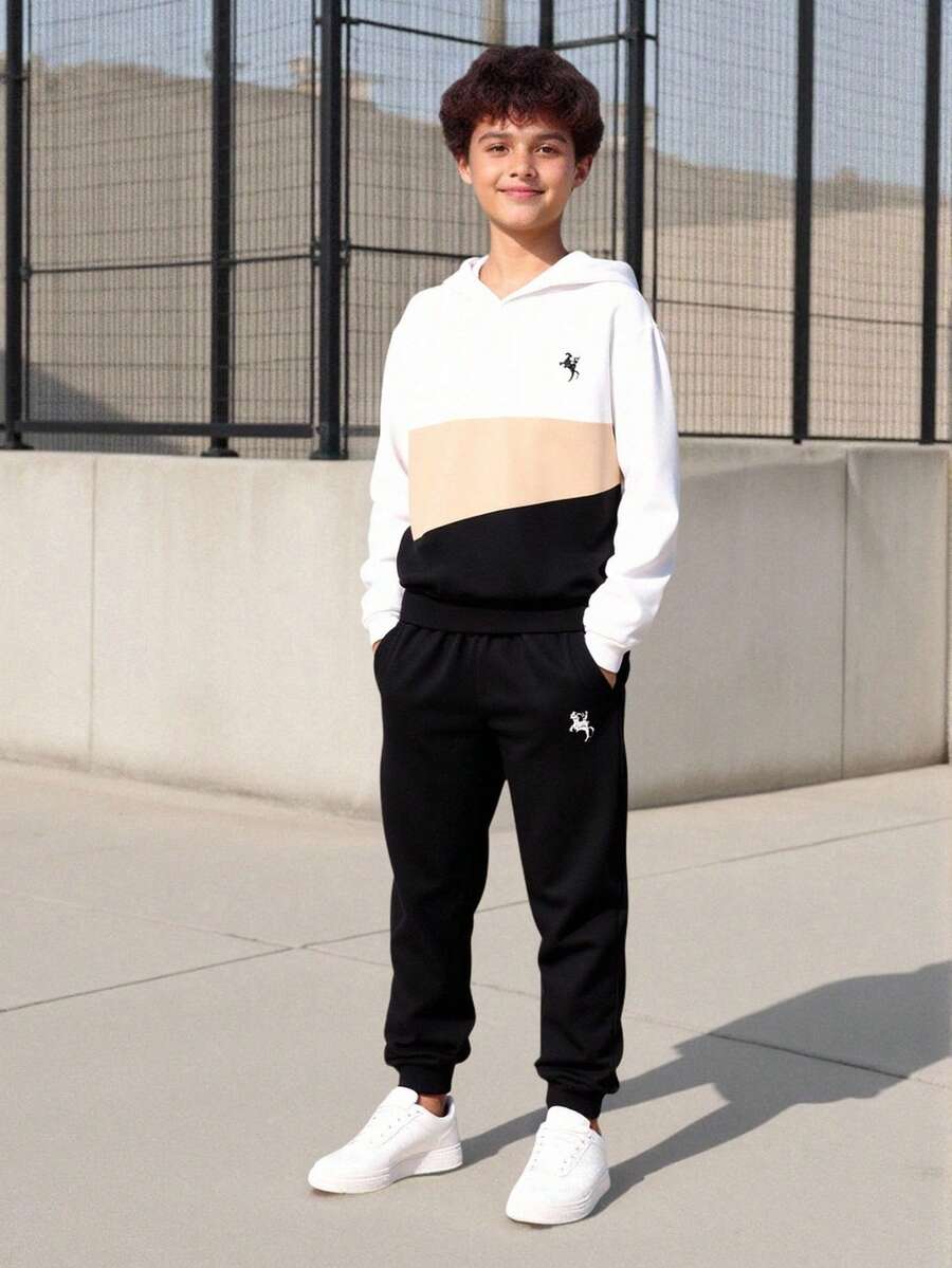 Vacaura Boy 2 件秋冬装：撞色圆领长袖运动衫搭配休闲运动慢跑裤，适合户外、通勤、日常穿着 - 卡其色 - 查看 1