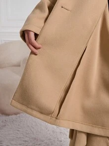 SHEIN Lady 秋冬卡其色羊毛大衣，翻領設計，優雅女款秋季服飾，雙排扣羊毛大衣配腰帶設計，冬季女款夾克，防風外套，女款夾克，秋季女裝，冬季女裝，女裝，秋季女裝 - 卡其色 - 查看 8