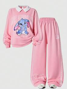 SHEIN ChillGRL Conjunto de 2 piezas para niñas Casuvi: Camiseta de manga larga con cuello redondo y decoración de encaje, y pantalones de pierna ancha de punto con decoración de encaje y estampado numérico, adecuado para uso casual, vuelta al colegio, deportes y vacaciones, primavera/otoño - Rosa - Ver 7