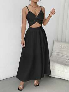 Chiquease 女士細肩帶露背打摺割裂裙，帶荷葉邊，非常適合休閒度假 - 黑色 - 查看 7