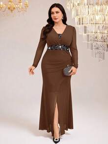 Modelyn Plus Size Women Waist Sequin Ruched Slit Hem Elegant Dress - Coffee Brown - View 6