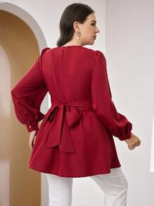 Veilorie Plus Size Women's Fashionable Elegant Casual Pleated Long Sleeve Shirt/Christmas - Burgundy - View 2