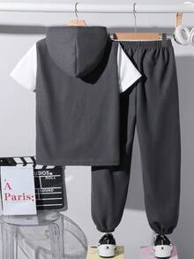 Vacaura 2 Stücke/Set Jungen Lässig Bequeme Büro Pendler Kapuzen Strick Strukturstoff Kurzarm Patchwork Top und Hose Set, geeignet für Frühling, Sommer, Herbst - Verschiedenfarbig - Übersicht 2
