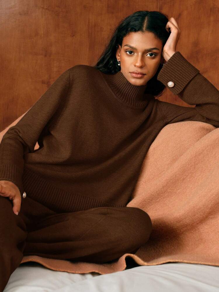 BUTTON DECOR SWEATER & KNIT PANTS SET