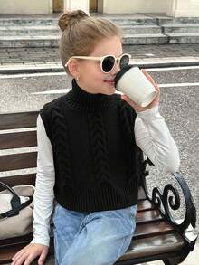 SHEIN Serisse Kids 少女两件套针织无袖羊毛扭结高领上衣 - 黑與白 - 查看 12