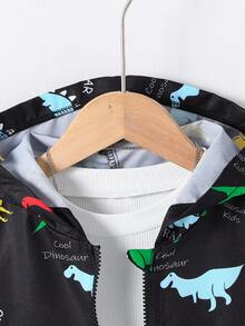 SHEIN 男童字母和卡通恐龙印花长袖拉链连帽夹克 - 黑色 - 查看 3