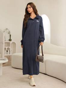 Al Najma Gaun Korduroi Leher Tinggi Wanita, Musim Gugur/Dingin - Navy Blue - View 8