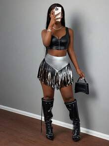 Slaydiva 2025夏季新款大码休闲街头PU流苏弹力紧身短裤，适合音乐节、复活节、毕业季、日常穿着，女士短裙套装，女士派对服装 - D - 白色 - 查看 5