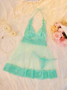 Set de 2 piezas de lencería nupcial con vestido de tirantes de encaje y malla + tanga, para salir - Verde - Ver 3