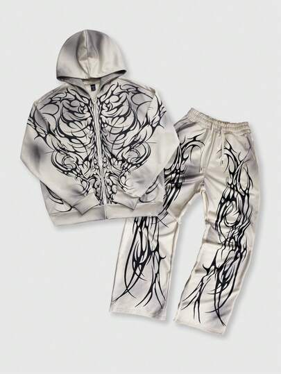 Anime Men's Casual Street Rock Style Hoodie And Pants 2 Pieces Set, Autumn/Winter