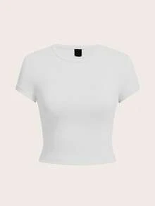 SHEIN Tall CURVE 加大码四件套纯色短款圆领短袖修身女式T恤，适合夏季穿着 - 彩色 - 查看 5