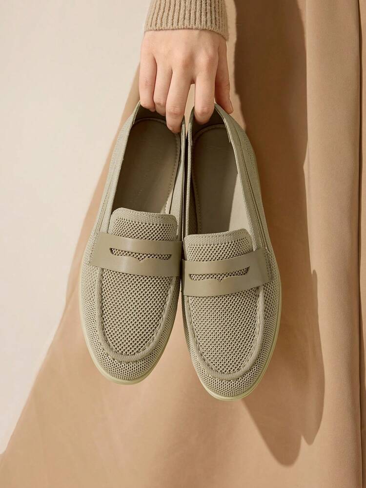CUCCOO BASICS Mocassins décontractés confortables en tricot kaki pour femmes, convenant pour le trajet domicile-travail, les sorties, les courses, le travail et le port quotidien