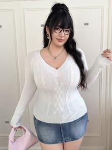 CovetEZ Plus Size V-Neck Long Sleeve Cable Knit Casual Pullover Sweater For Women, Versatile For Commuting, Autumn/Winter - White - View 7