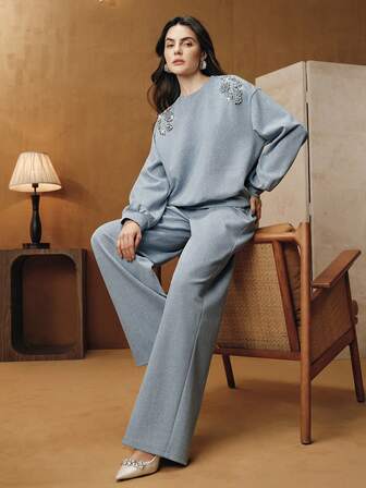 Anewsta Vintage ausgewaschenes hellblaues Sweatshirt für Frauen mit Strass-Verzierung