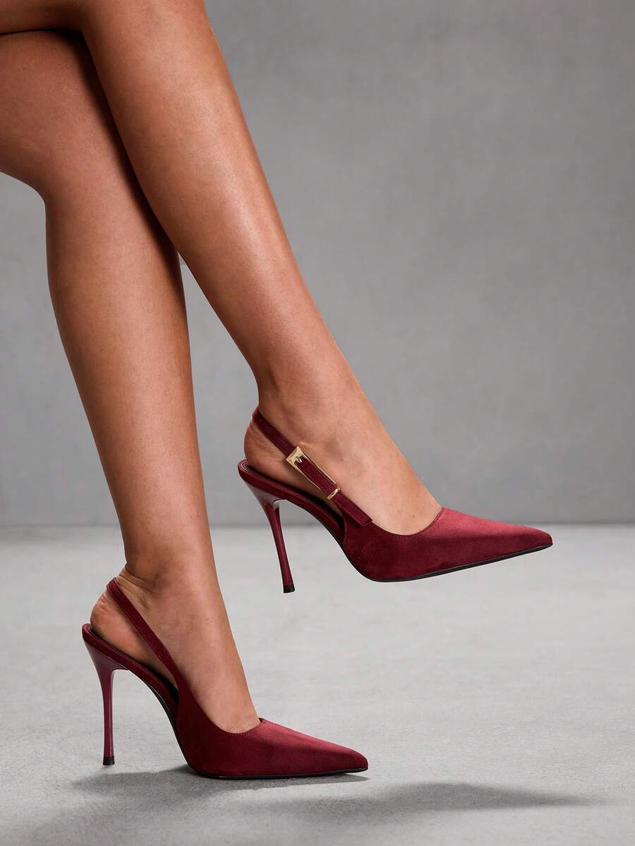 CUCCOO SZL Women's Pointed Toe Buckle Design Fashionable High Heels, Versatile For Daily Wear For Christmas - Burgundy - View 1