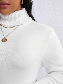 EMERY ROSE Plus Size Women's Casual Everyday Commute Simple Solid Color High Neck Fitted Sweater Dress, Without Belt - White - View 7