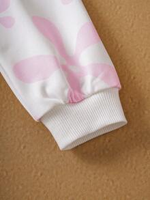 SpongeBob SquarePants | SHEIN Young Girl Cute Cartoon & Pink Floral Pattern Hooded Sweatshirt And Black Bow Tie Pants Set - Pink - View 5