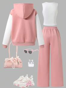 SHEIN Sparklyn Bộ 3 món nữ tuổi teen gồm áo len dài tay có mũ trùm đầu, khóa kéo, áo hoodie in họa tiết ngựa nhỏ trước ngực, áo vest trắng thường ngày và quần ống đứng cạp chun. Bộ ba món rộng rãi, thoải mái, mềm mại và thiết thực, phù hợp cho mùa thu, xuân và đông. Thích hợp để mặc hàng ngày, đi làm, chơi ngoài trời, thể thao, đi học, tiệc tùng và chụp ảnh. - Hồng - Xem 2