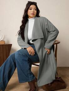 SHEIN LUNE Damen Große Größen Lässig & Business Minimalistische Lange Ärmel Woll Mäntel - Grau - Übersicht 11