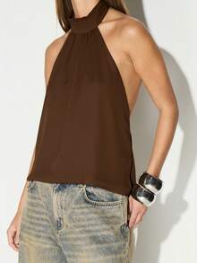 KIZN Backless Halter Neck Blouse With Open Back Design For Evening Casual Wear - Chocolate Brown - View 6