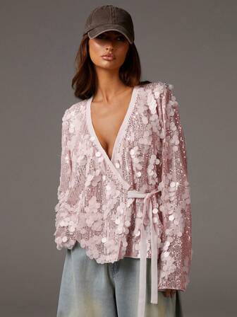 Athîral 女士时尚派对宴会交叉领结侧边宽松上衣