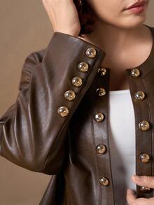 SHEIN Clasi 大码时尚双排扣外套，适合通勤、秋冬季节、圣诞节和新年穿着。 - 棕色 - 查看 2