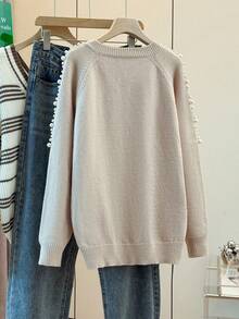 Franclia 女士休闲圆领麻花针织珍珠装饰宽松套头毛衣，适合秋冬季穿着 - 駝色 - 查看 2