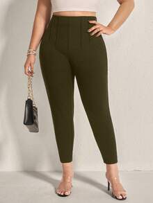 Comfylo 大码休闲纯色高腰舒适裤 - 軍綠色 - 查看 7