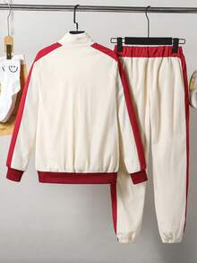 SHEIN Vacaura 2pcs Tween Boy Contrast Embroidery Zip-Up Jacket And Pants Set