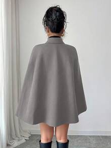 SHEIN PETITE 女士休闲英伦风双排扣羊毛斗篷大衣 - 灰色 - 查看 2
