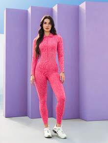 Core Rhythm Damen modischer Zebra-Muster Reißverschluss-Fitness-Jumpsuit, Frühling/Herbst