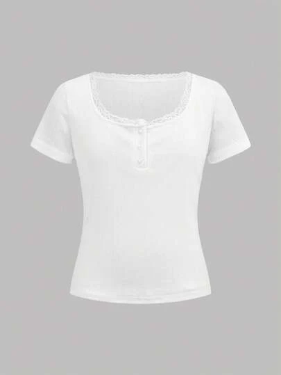 Girlism Tween Girls T-Shirts Sweet Lace Trim Short Sleeve Slim Fit T-Shirt For Girl, 3 Button Closure, Casual Tops, Suitable For Summer, Home, Leisure, Back To School Season