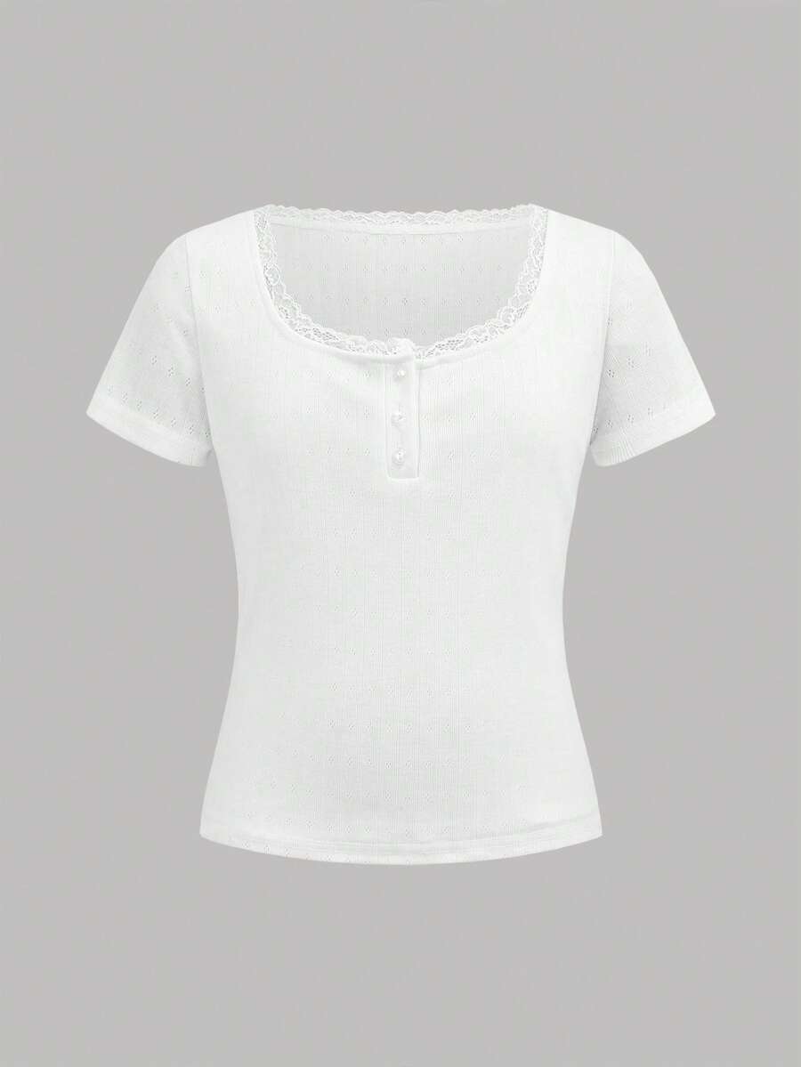 SHEIN Leap Crew Tween Girls White T-Shirts,Sweet Lace Trim Short Sleeve Slim Fit T-Shirt,3 Button Closure Basic Casual Summer Tops,Suitable For School Leisure - White - View 1