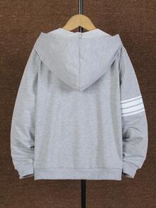 Vacaura 1 件男童休闲时尚条纹印花连帽长袖衬衫，适合外出、上学、休闲装、街头装和任何场合 - 灰色 - 查看 2