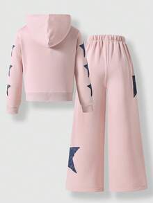SHEIN Explorewe Conjunto de sudadera con capucha de unicolor con estampado de estrellas para niñas, otoño/invierno - Rosa - Ver 2